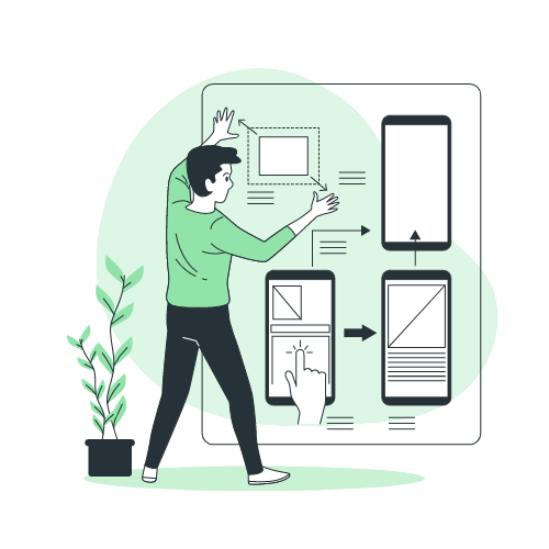 çalıştığı arayüzün etkileşimlerini tasarlayan tasarımcıyı betimleyen illüstrasyon.