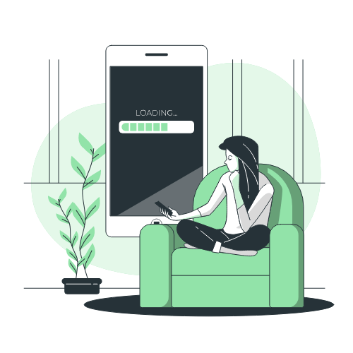 koltukta otururken, telefonunda sayfanın yüklenmesini bekleyen kadın illüstrasyonu.